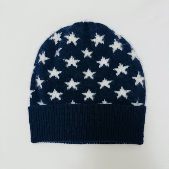 New! 100% Cashmere Navy Blue Star Pattern Baby Beanie - Picture 1 of 2
